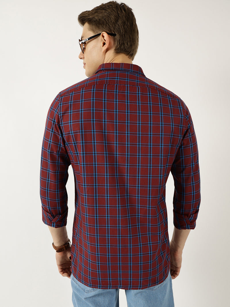 Thomas Scott Men Marron Classic Spread Collar Windowpane Checked Cotton Slim Fit Casual Shirt