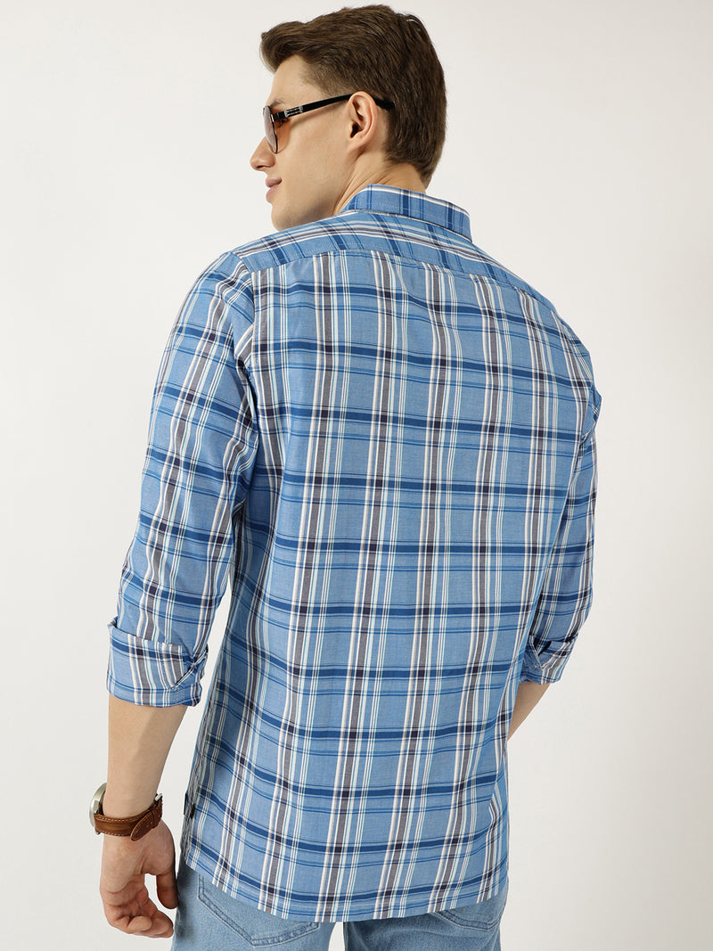 Thomas Scott Men Blue Classic Spread Collar Tartan Checked Cotton Slim Fit Casual Shirt