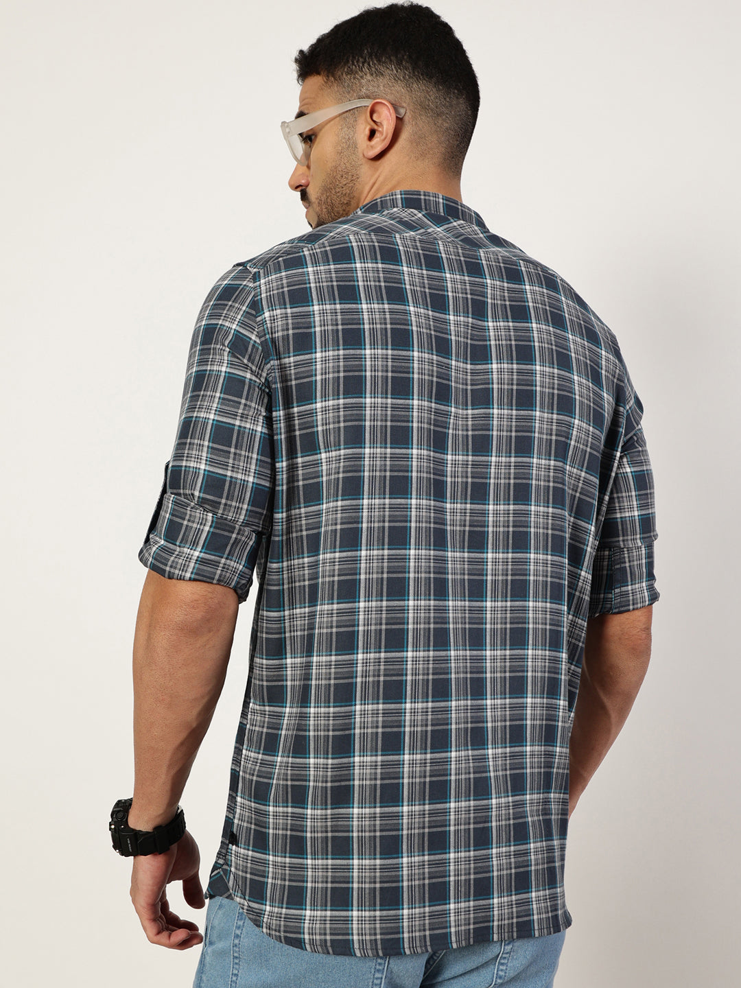 Thomas Scott Men Charcoal Premium Spread Collar Checked Cotton Slim Fit Casual Shirt