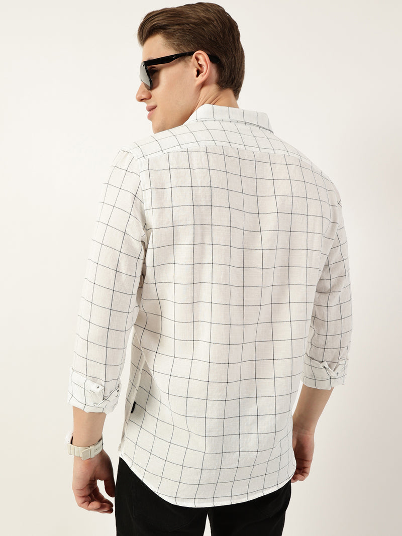 Thomas Scott Men White Smart Spread Collar Windowpane Checked Slim Fit Casual Shirt