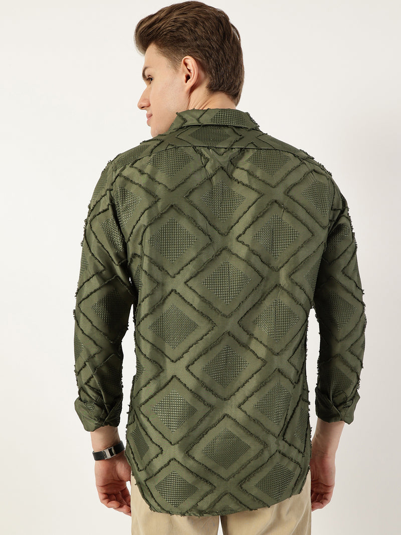 Thomas Scott Men Green Premium Spread Collar Graphic Printed Slim Fit Casual Shirt