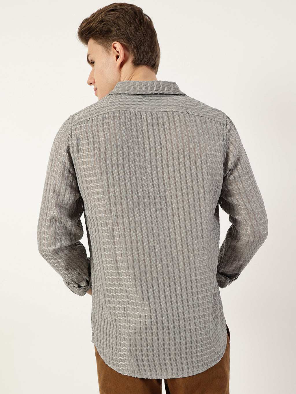 Thomas Scott Men Grey Premium Spread Collar Textured Solid Slim Fit Casual Shirt