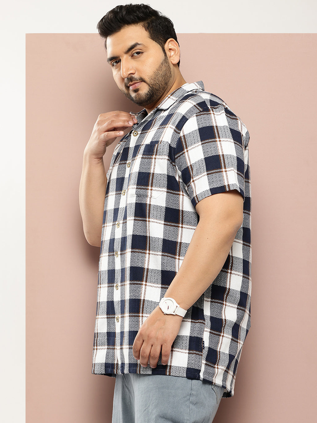 Thomas Scott Men Navy Thomas Scott Plus Size Premium Checked Pure Cotton Casual Shirt
