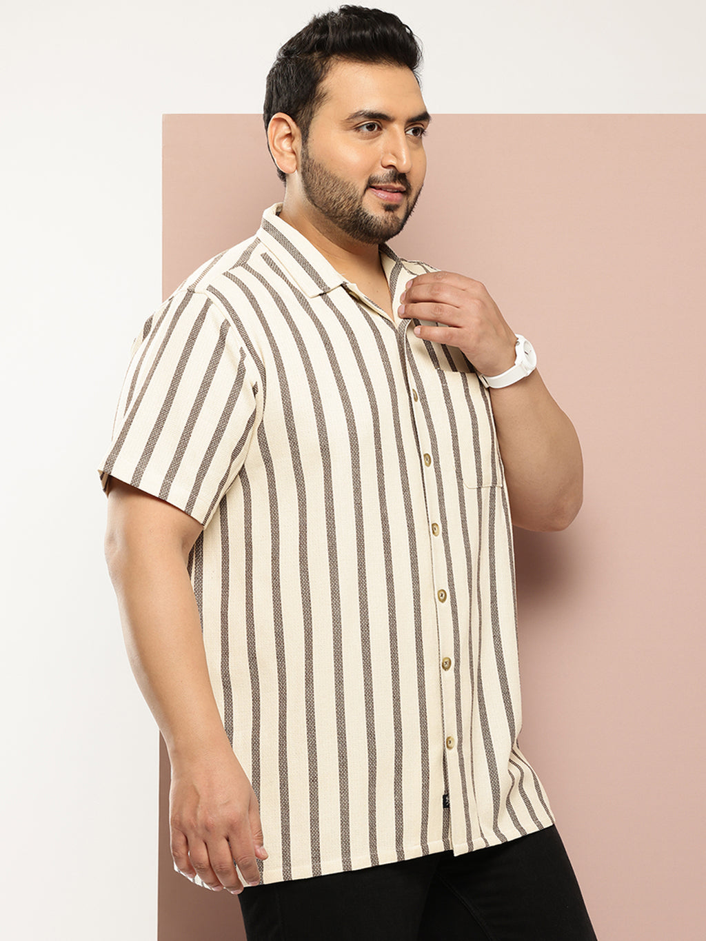 Thomas Scott Men Coffee Plus Size Premium Striped Pure Cotton Casual Shirt