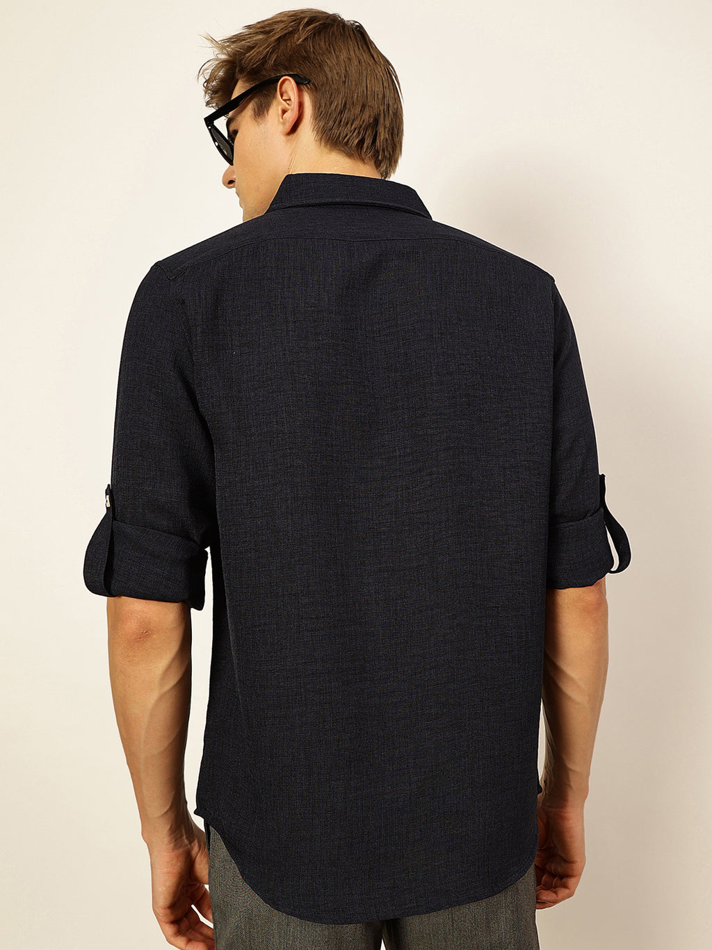Thomas Scott Men Navy Slim Fit Long Sleeves Button-Down Collar Polyester Casual Shirt