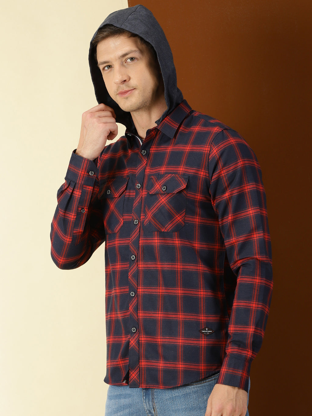 Thomas Scott Men Classic Hood Collar Tartan Checks Opaque Checked Casual Shirt