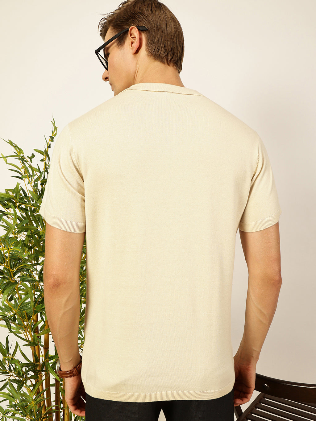 Thomas Scott Men Off White Knit Striped Polo Collar T-shirt