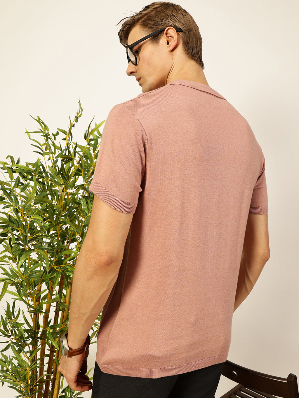 Thomas Scott Men Pink Knit Striped Polo Collar T-shirt