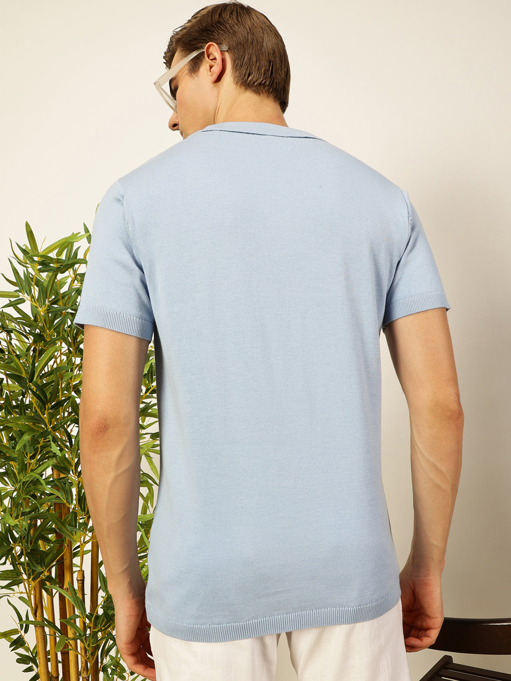 Thomas Scott Men Sky Blue Knit Striped Polo Collar T-shirt