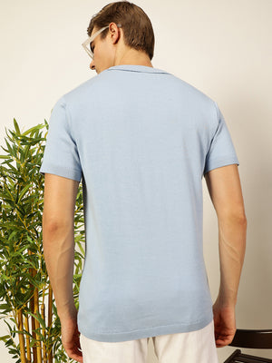 Thomas Scott Men Sky Blue Knit Striped Polo Collar T-shirt