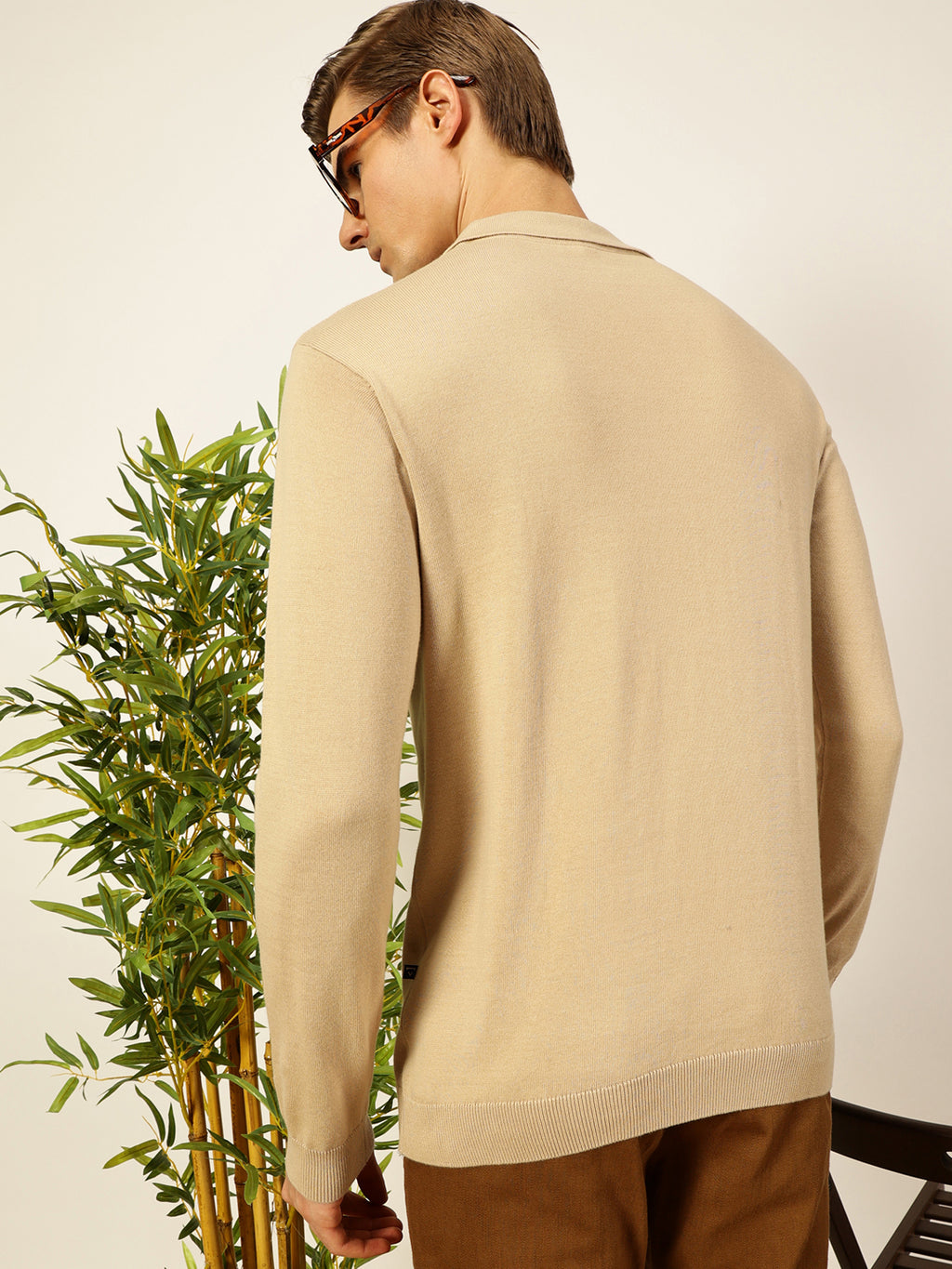 Thomas Scott Men Beige Knit Solid Polo Collar Cotton T-shirt