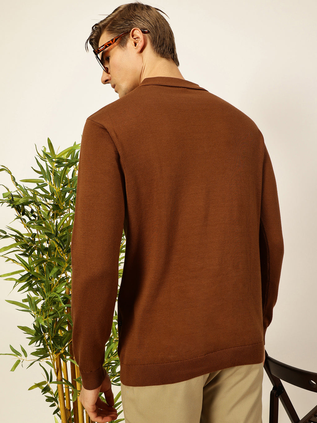 Thomas Scott Men Brown Knit Solid Polo Collar Cotton T-shirt