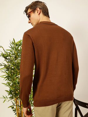 Thomas Scott Men Brown Knit Solid Polo Collar Cotton T-shirt