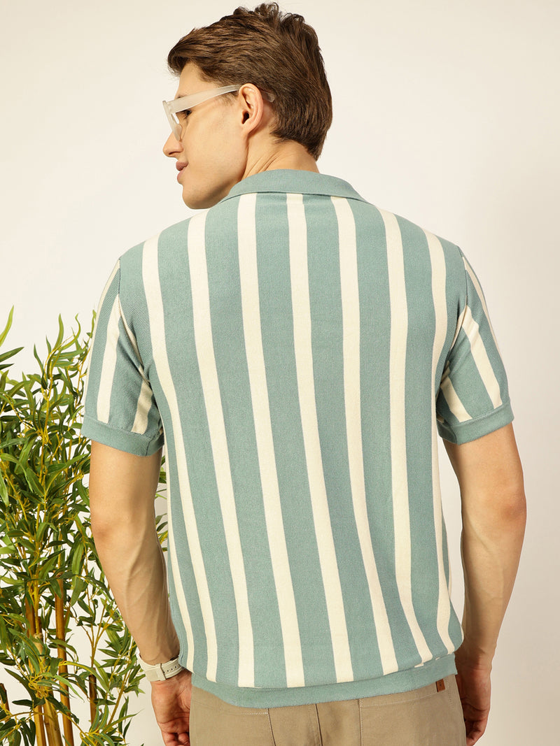 Thomas Scott Men Teal Bio Finish Striped Polo Collar Cotton T-shirt