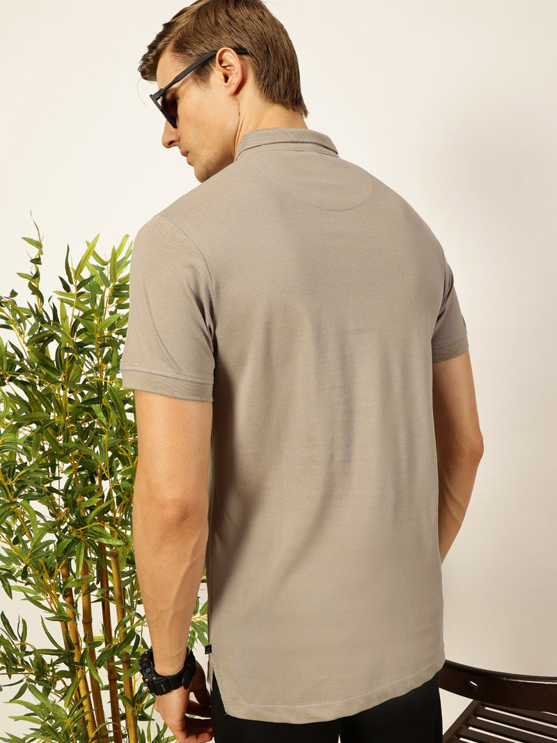 Thomas Scott Men Grey Solid Polo Collar Cotton T-shirt