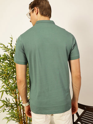 Thomas Scott Men Teal Solid Polo Collar Cotton T-shirt