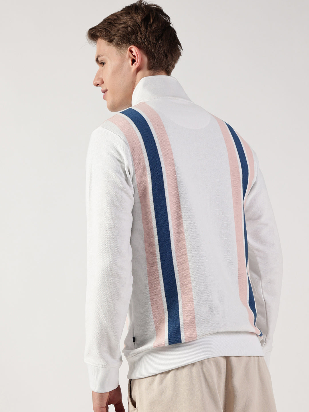 White Striped High Neck Tshirt For Men