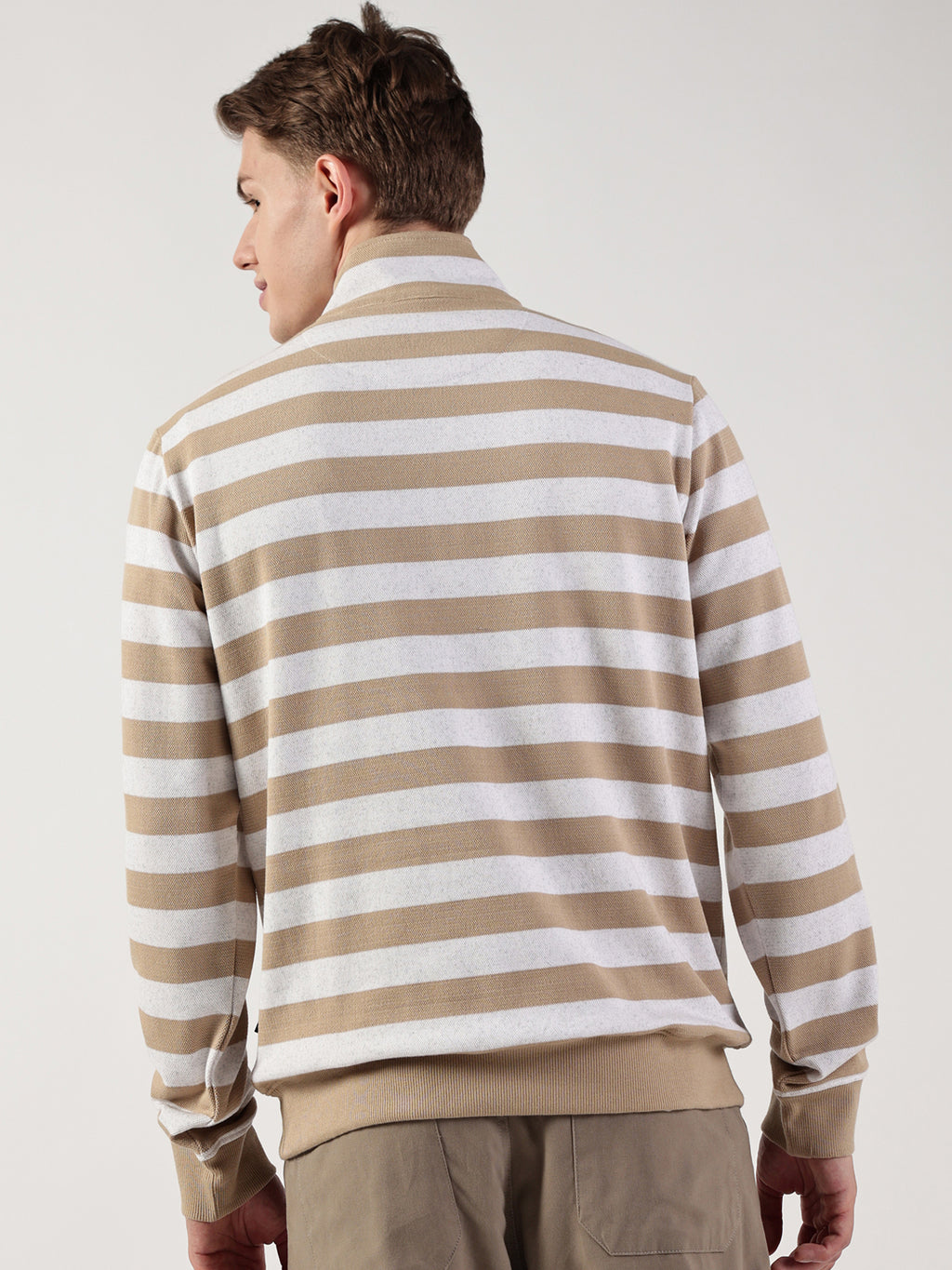 Beige Striped High Neck Tshirt For Men