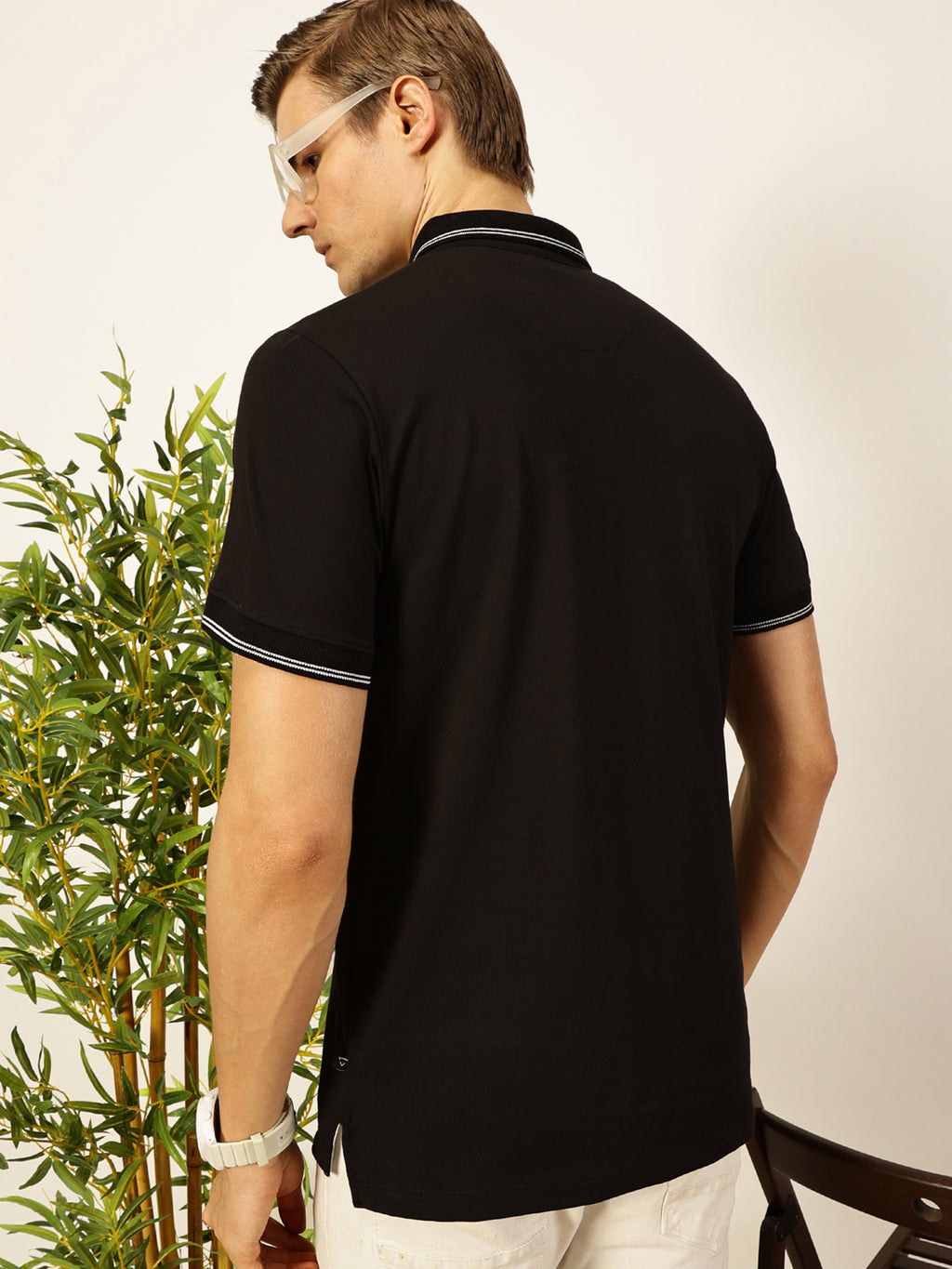 Thomas Scott Men Black Solid Polo Collar Cotton T-shirt