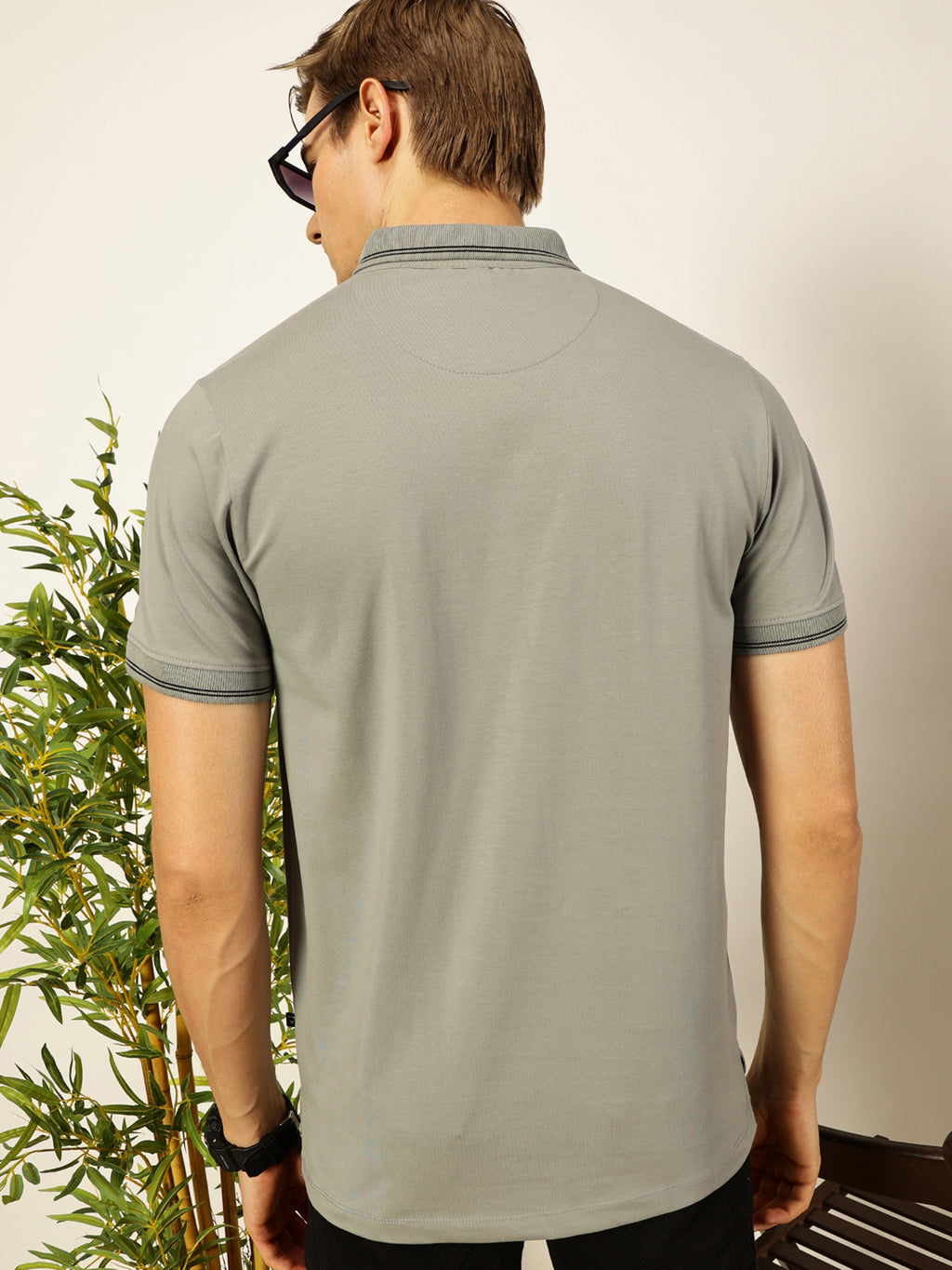 Thomas Scott Men Grey Solid Polo Collar Cotton T-shirt