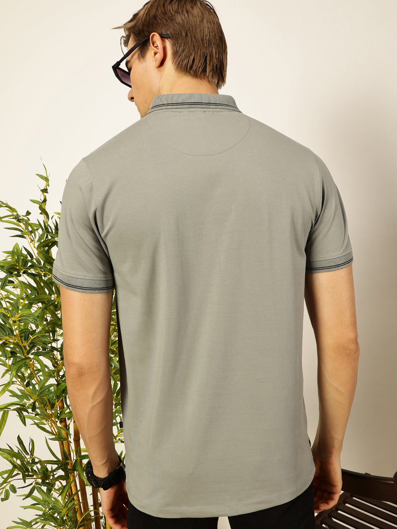 Thomas Scott Men Grey Solid Polo Collar Cotton T-shirt
