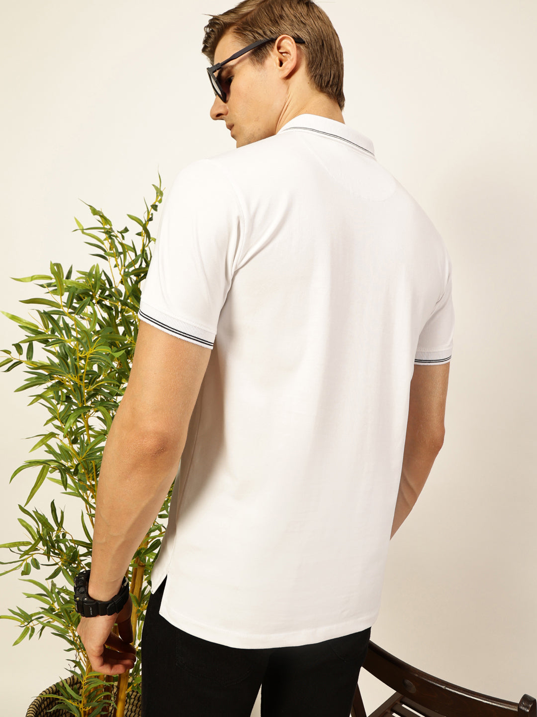 Thomas Scott Men White Solid Polo Collar Cotton T-shirt