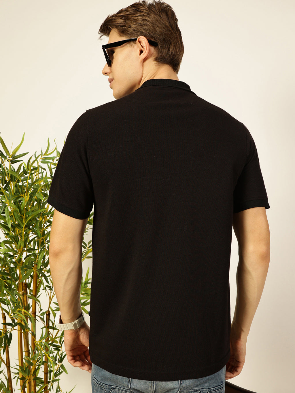 Thomas Scott Men Black Regular Fit Short Sleeves Solid Polo Collar Knit Tshirt