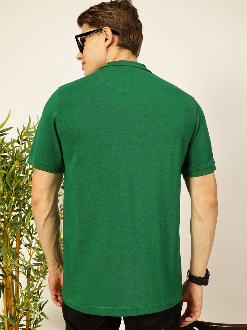 Thomas Scott Men Green Regular Fit Short Sleeves Solid Polo Collar Knit Tshirt