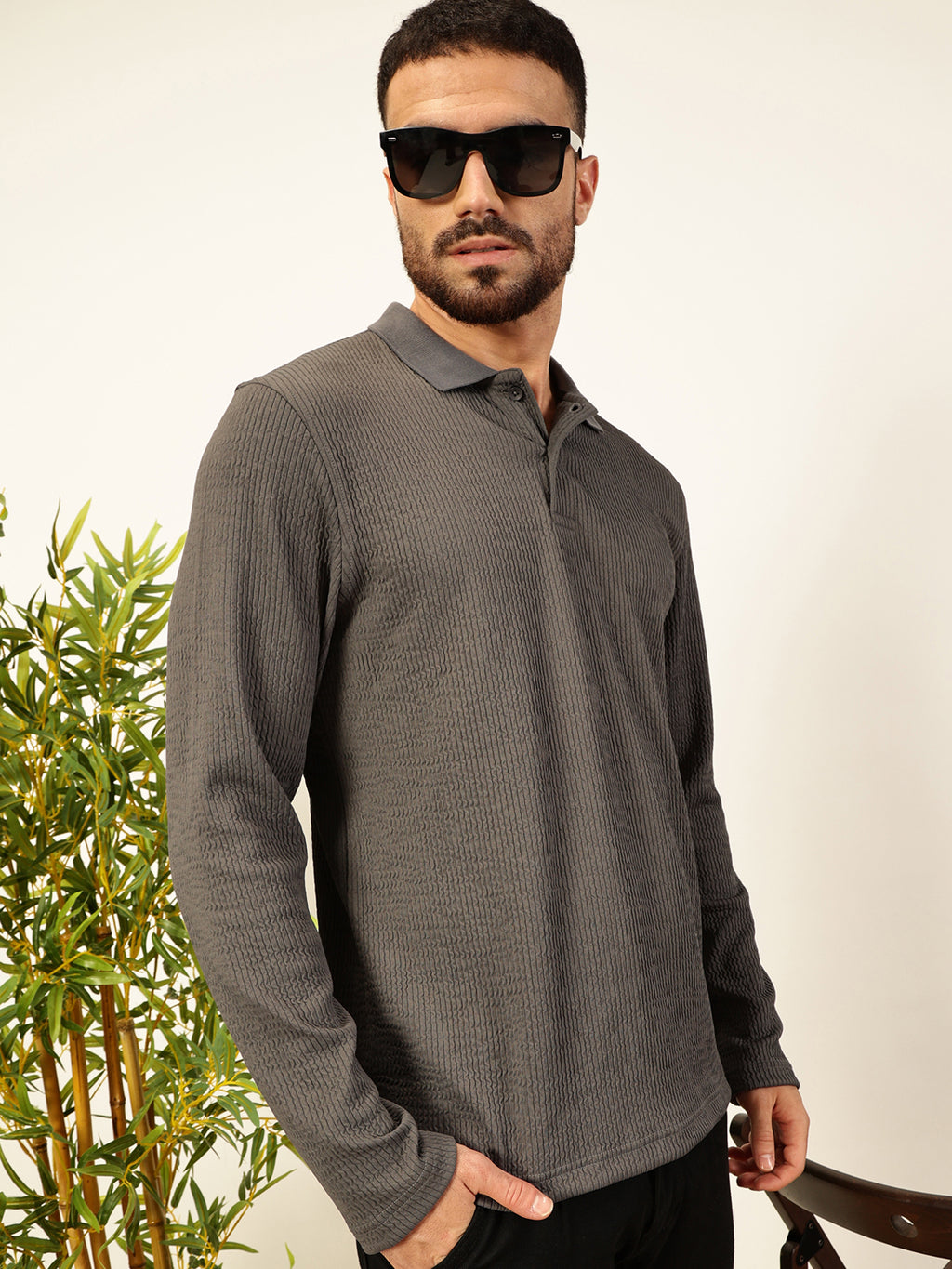 Thomas Scott Men Smart Self Design Polo Full Sleeves T-shirt