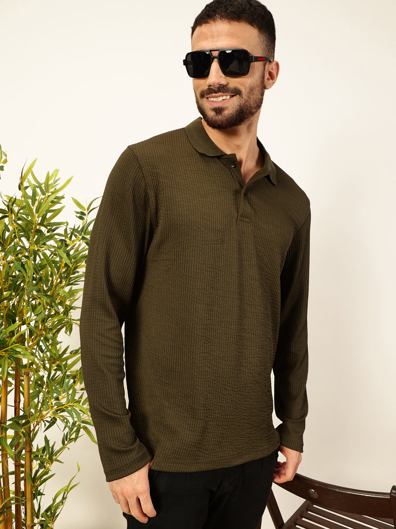 Thomas Scott Men Smart Self Design Polo Full Sleeves T-shirt