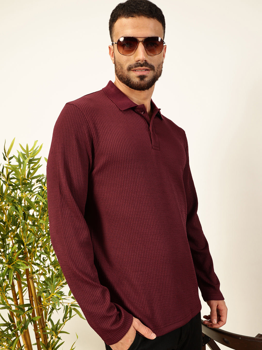 Thomas Scott Men Smart Self Design Polo Full Sleeves T-shirt