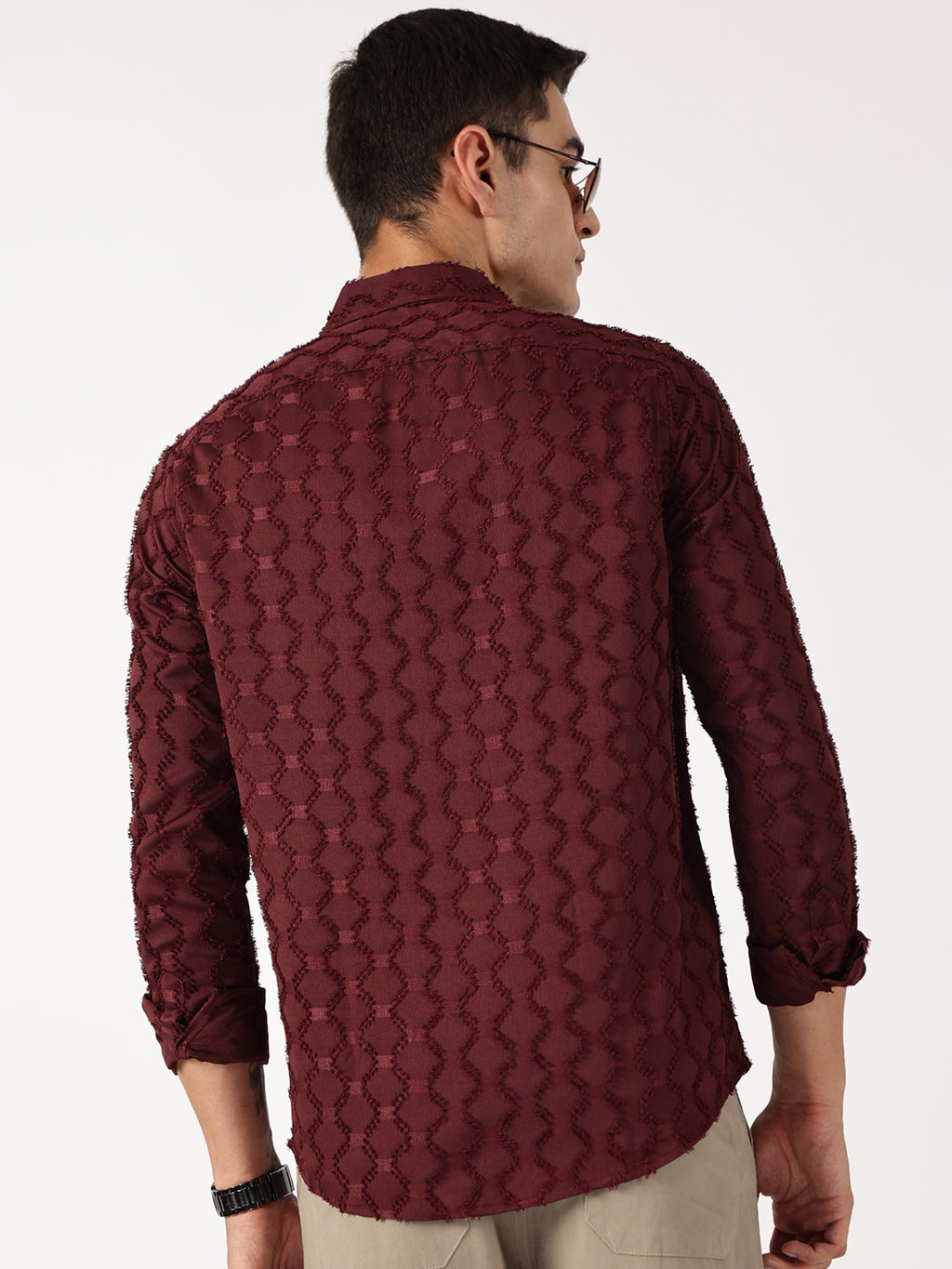Thomas Scott Men Wine Premium Textured Casual Shirt