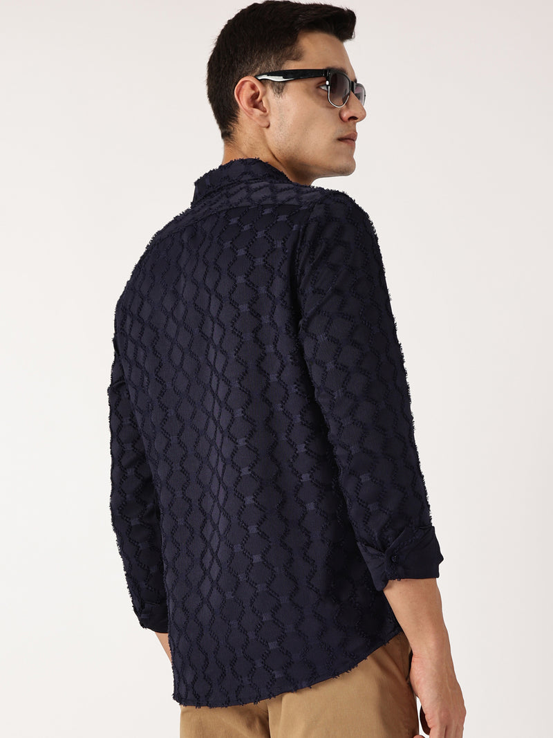 Thomas Scott Men Navy Premium Textured Casual Shirt