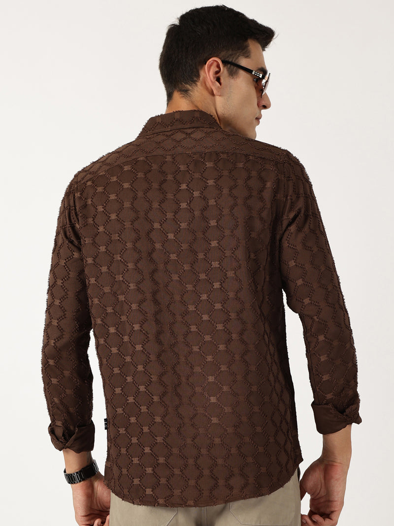 Thomas Scott Men Brown Premium Textured Casual Shirt