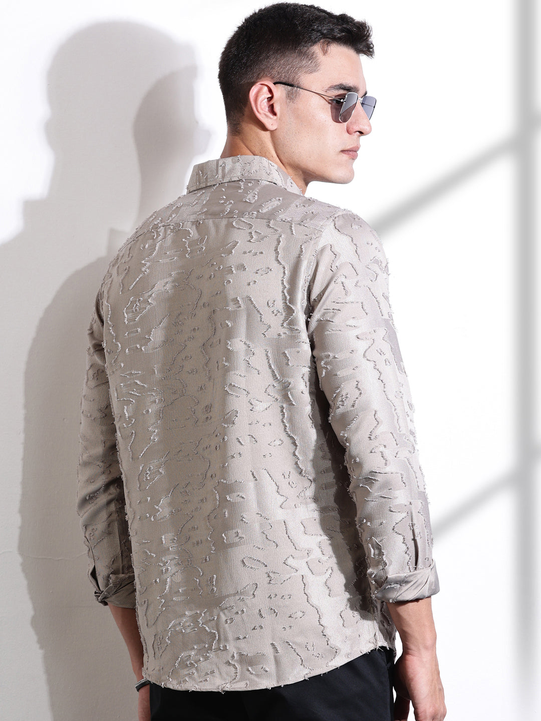 Thomas Scott Men Beige Premium Slim Fit Textured Casual Shirt
