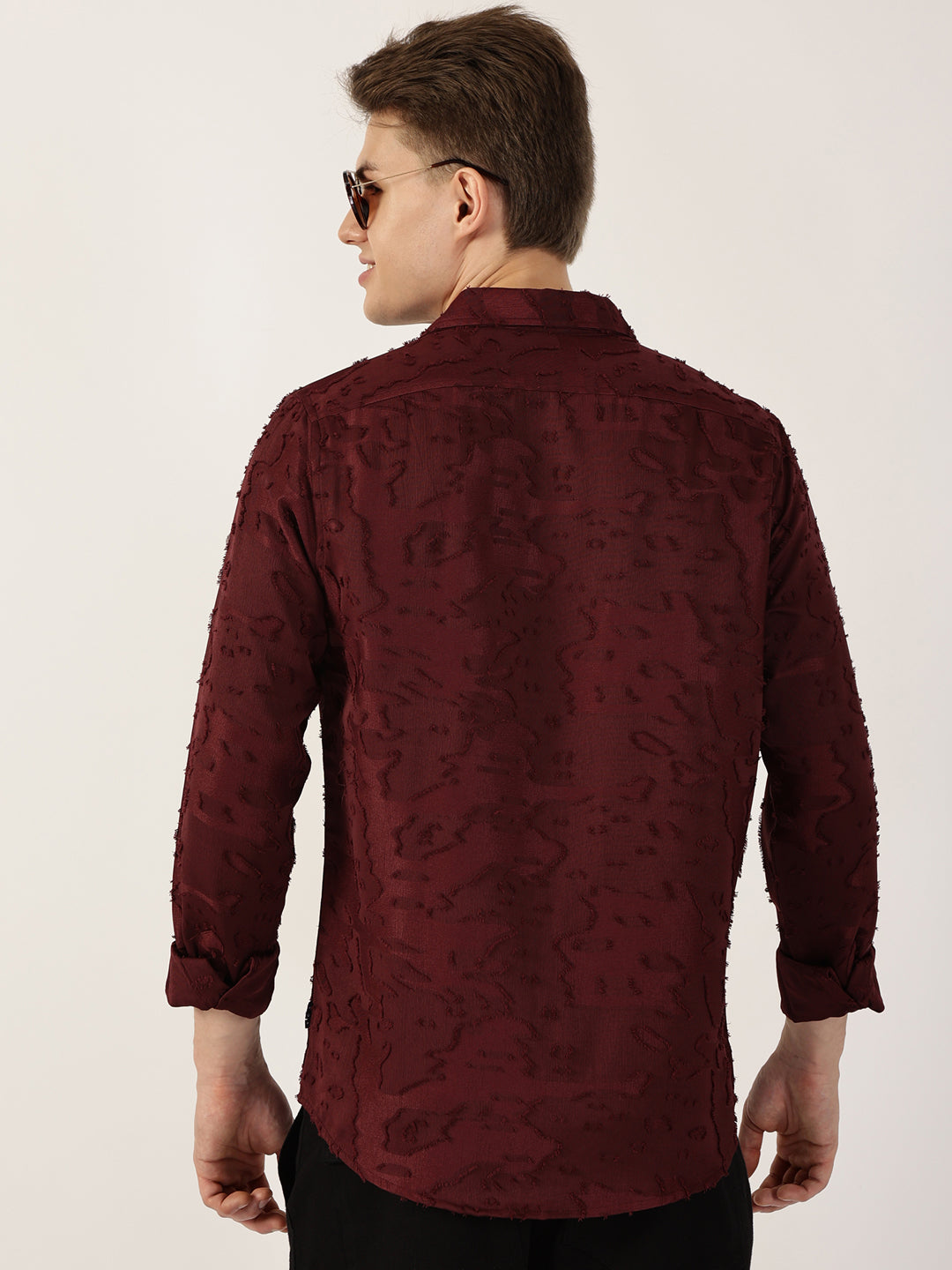 Thomas Scott Men Wine Premium Slim Fit Textured Casual Shirt