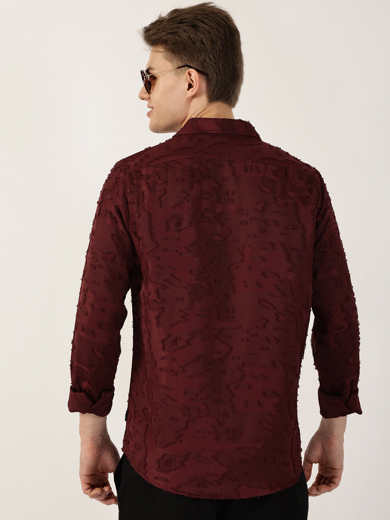 Thomas Scott Men Wine Premium Slim Fit Textured Casual Shirt