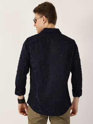 Thomas Scott Men Navy Premium Slim Fit Textured Casual Shirt