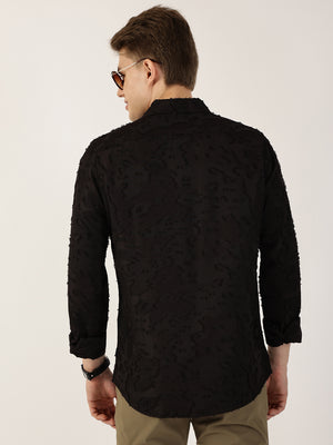 Thomas Scott Men Black Premium Slim Fit Textured Casual Shirt