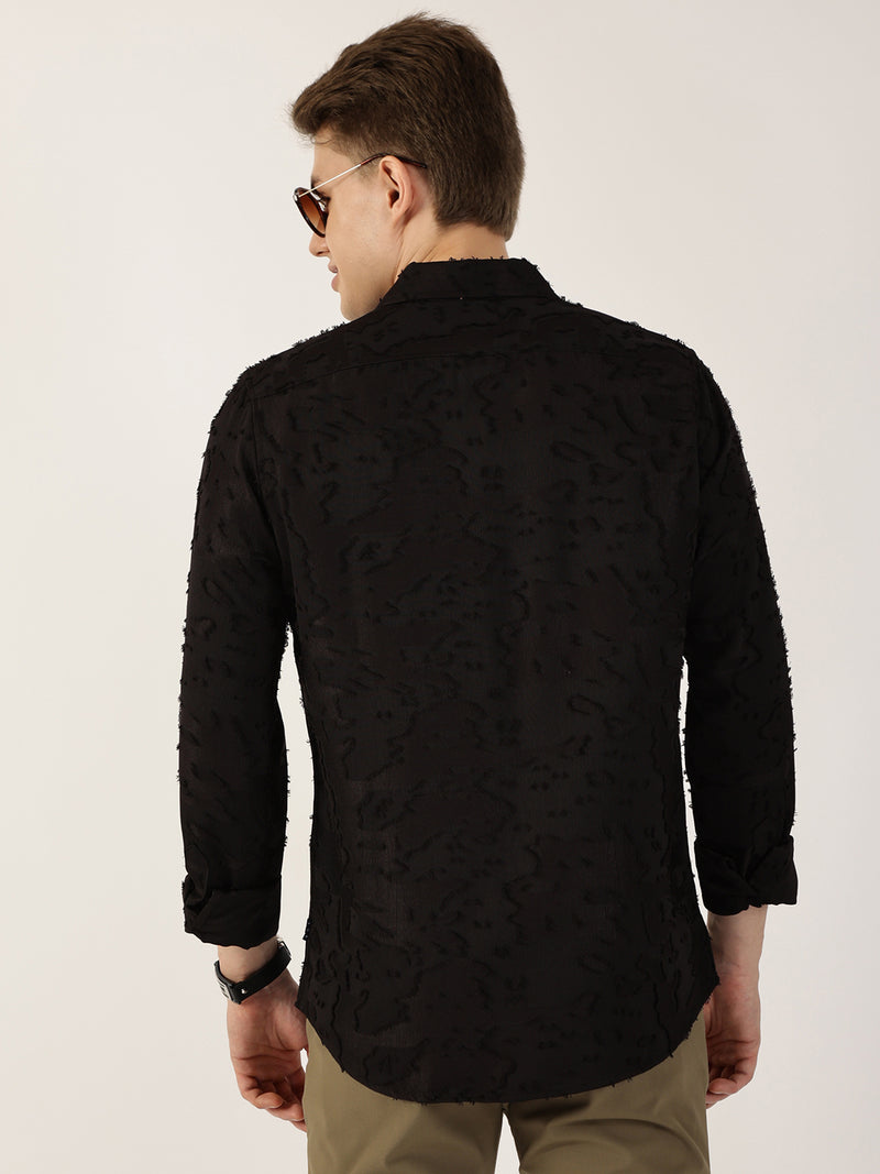 Thomas Scott Men Black Premium Slim Fit Textured Casual Shirt