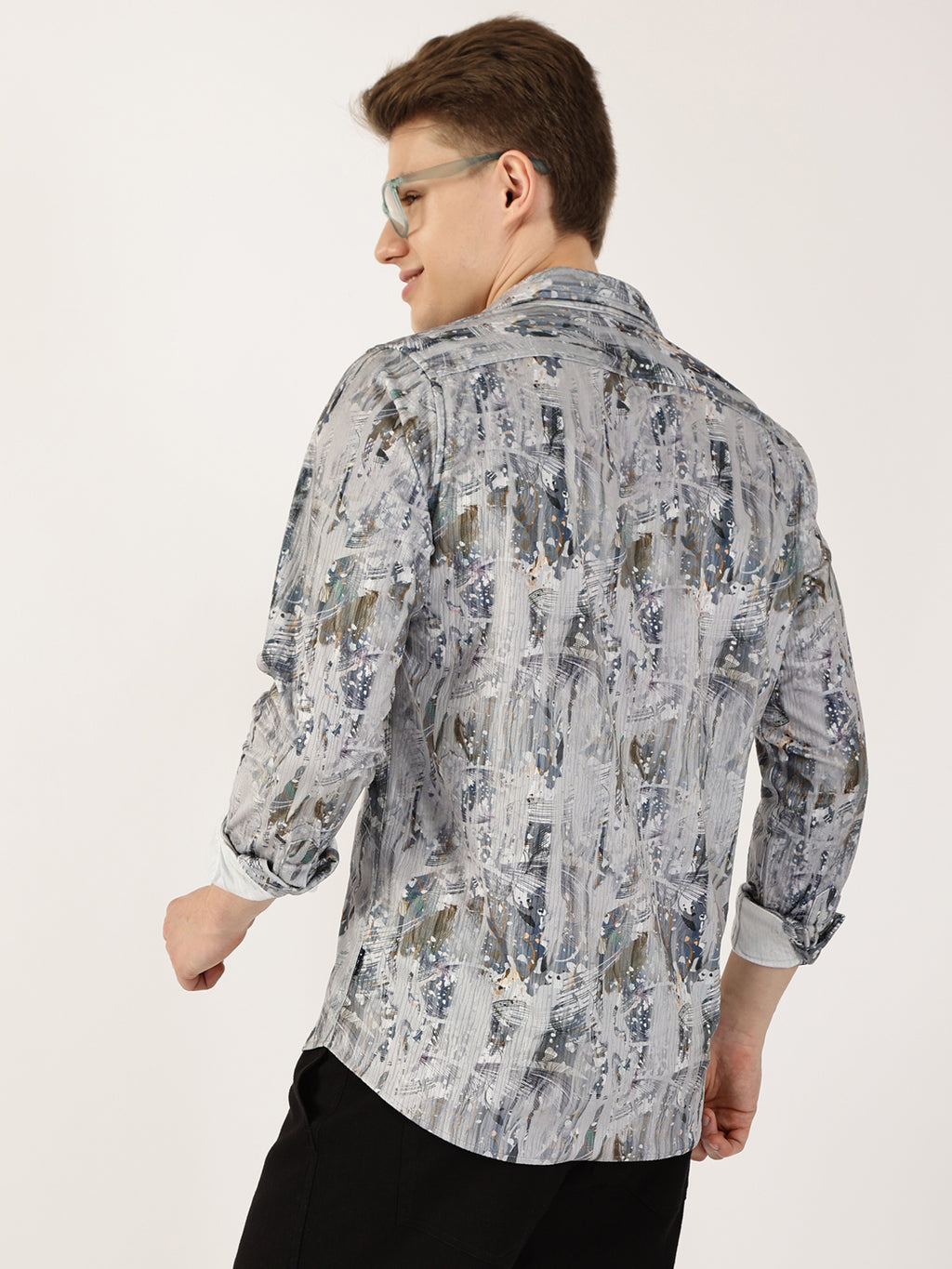 Thomas Scott Men Grey Premium Abstract Printed Casual Shirt