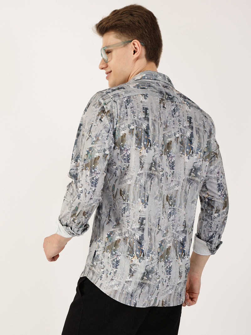 Thomas Scott Men Grey Premium Abstract Printed Casual Shirt