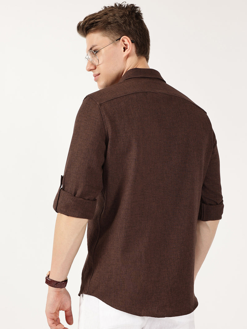 Thomas Scott Men Brown Slim Fit Long Sleeves Button-Down Collar Polyester Casual Shirt