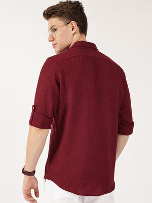 Thomas Scott Men Maroon Slim Fit Long Sleeves Button-Down Collar Polyester Casual Shirt