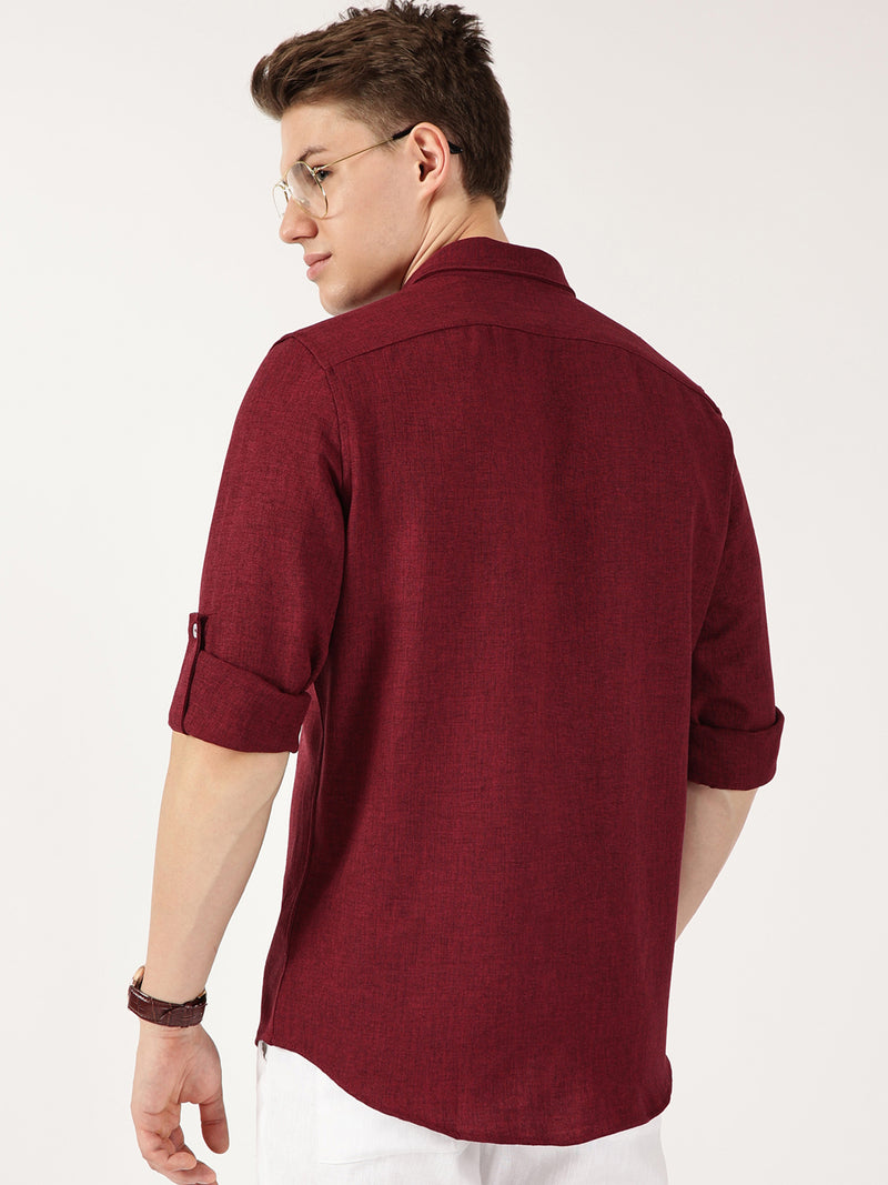 Thomas Scott Men Maroon Slim Fit Long Sleeves Button-Down Collar Polyester Casual Shirt