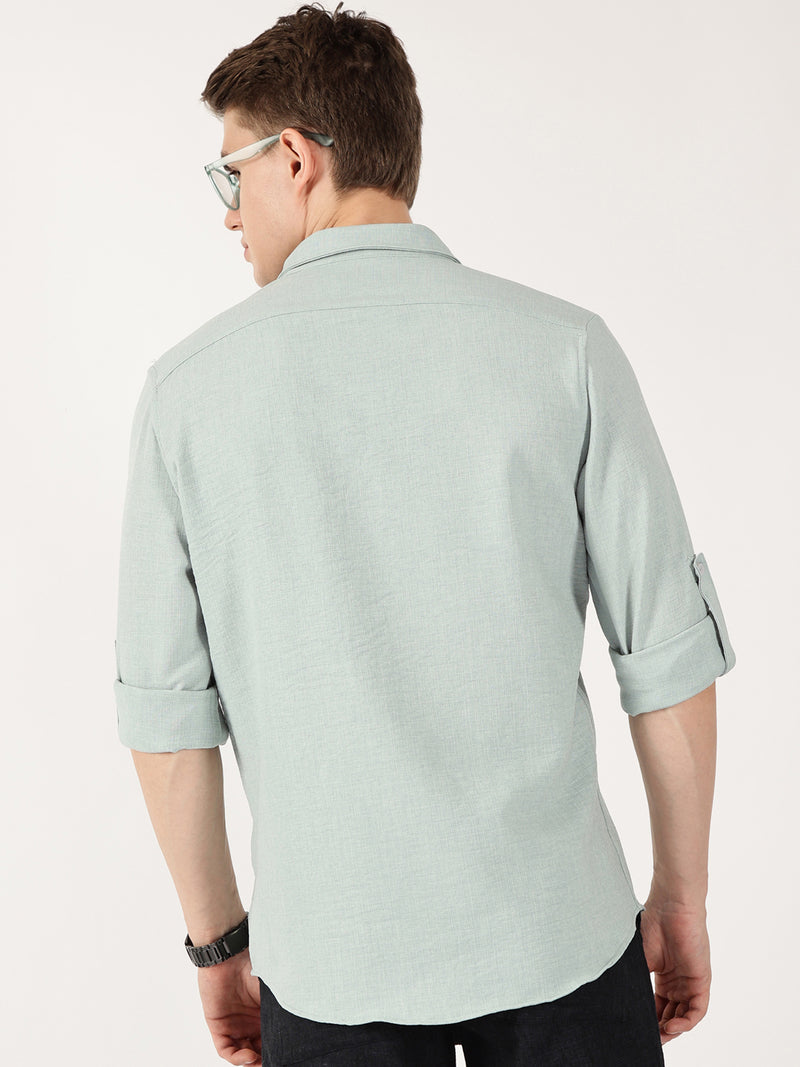 Thomas Scott Men Olive Slim Fit Long Sleeves Button-Down Collar Polyester Casual Shirt