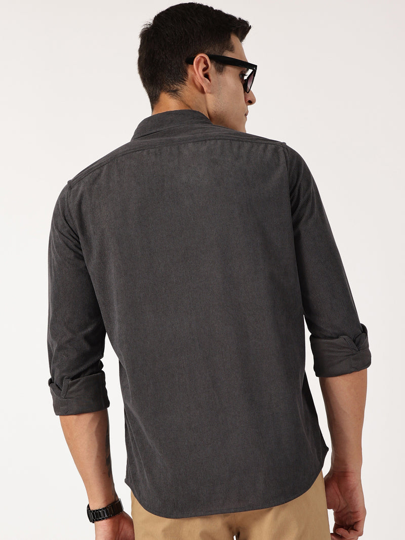 Thomas Scott Men Dark Grey Premium Slim Fit Corduroy Casual Shirt