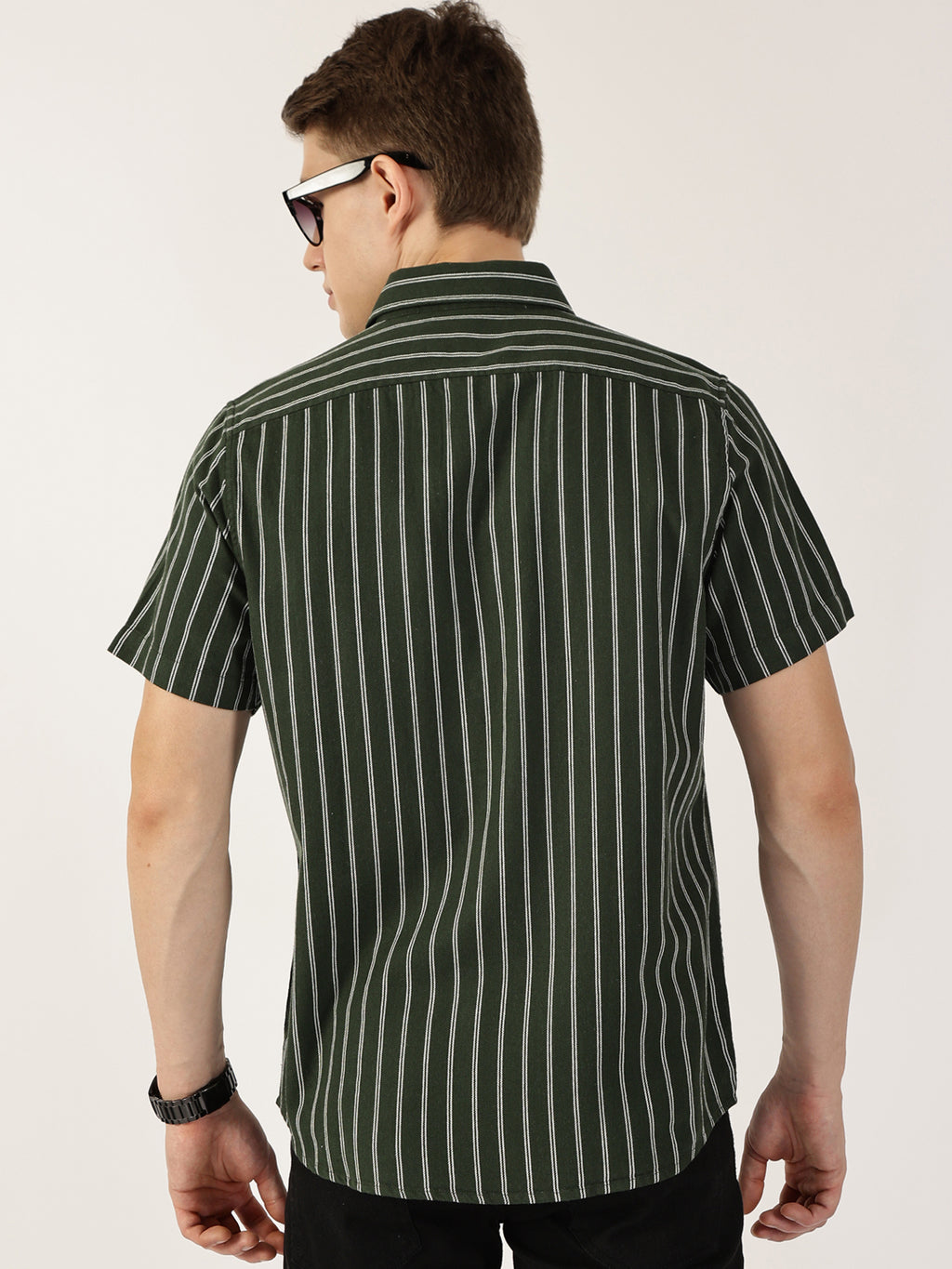 Thomas Scott Men Bottle Green Classic Slim Fit Striped Cotton Casual Shirt