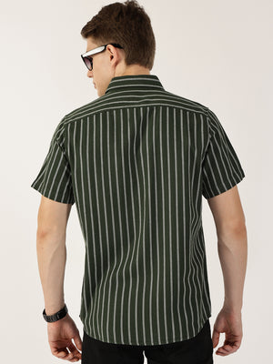 Thomas Scott Men Bottle Green Classic Slim Fit Striped Cotton Casual Shirt