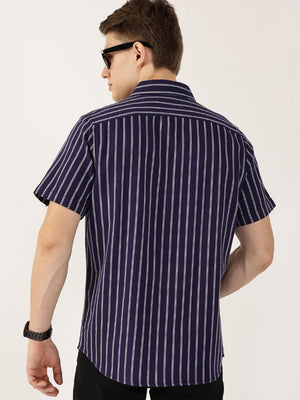 Thomas Scott Men Dark Blue Classic Slim Fit Striped Cotton Casual Shirt